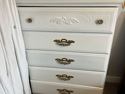 White 5-Drawer Wooden Dresser with Brass Hardware
