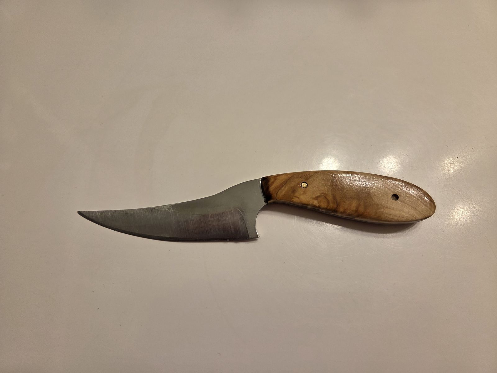 Mid-size skinner style knife with aspen burl handle