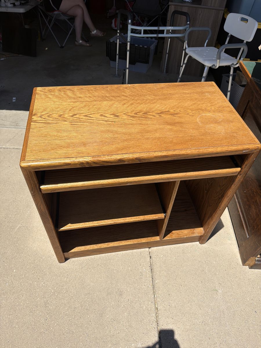 Oak Finish Computer Desk with Keyboard Tray and Storage Shelves