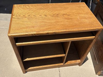 Oak Finish Computer Desk with Keyboard Tray and Storage Shelves