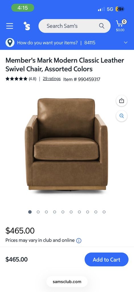 Members Mark Modern Classic Leather Swivel Chair