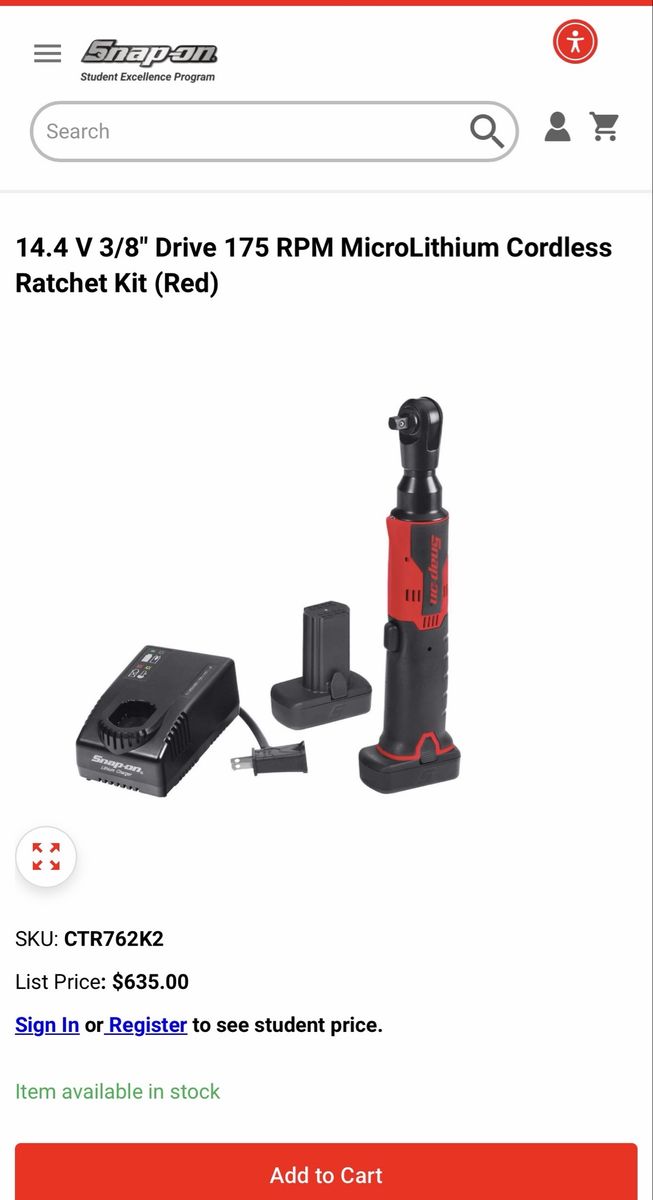 Snap-on CTR762K2 14.4V 3/8" Drive 175 RPM MicroLithium Cordless Ratchet Kit - Red