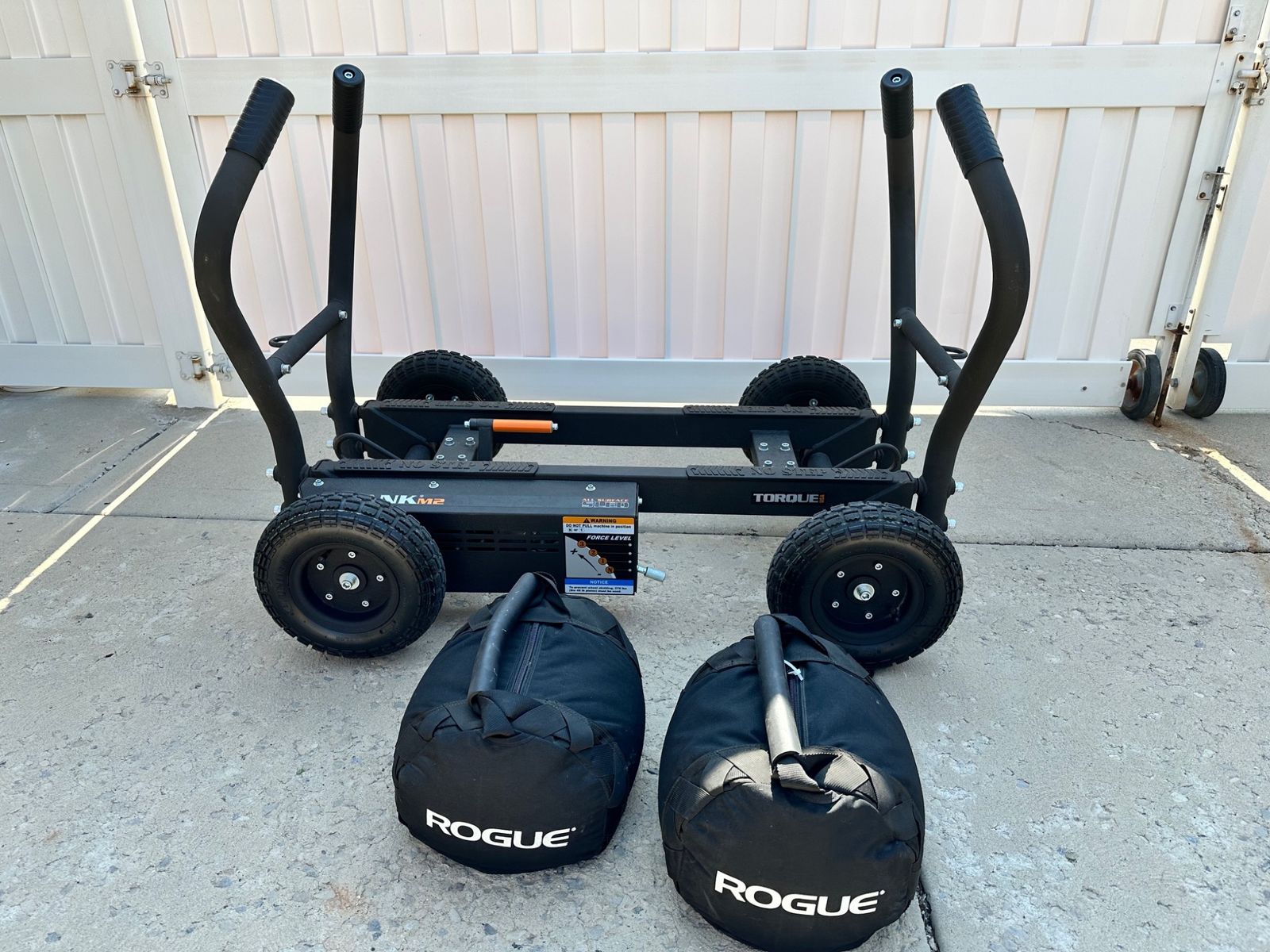 Fitness Sled.  Torque TANK M2 Magnetic Resistance Push/Pull Sled — Like New.  (WHEELED FITNESS SLED).+ Rogue strongman bags