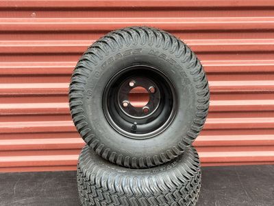 New Set of 2 Grass Master 18X8.5-8 Rear Lawn Tractor Tires Mounted on New Flat Black 4 Lug Wheels Brand New