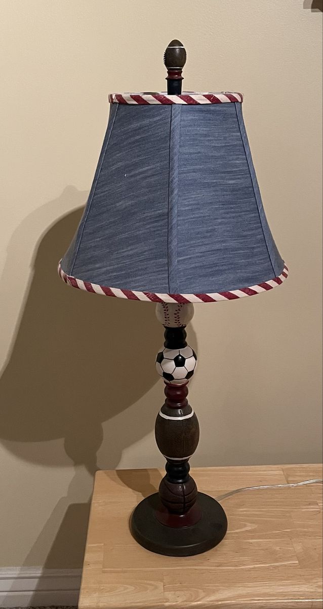 Sports Themed Table Lamp with Football, Soccer, Basketball & Baseball Accents, Blue Shade