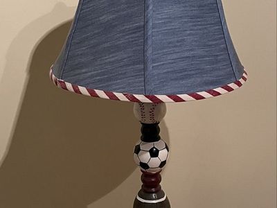 Sports Themed Table Lamp with Football, Soccer, Basketball & Baseball Accents, Blue Shade