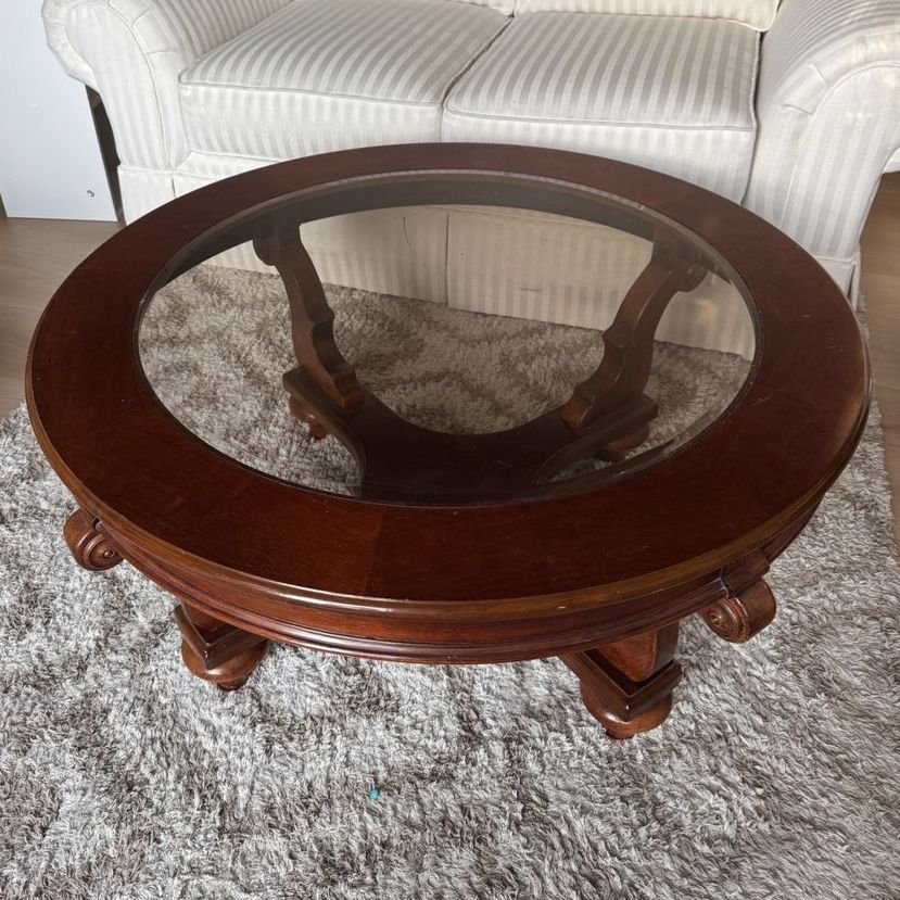 Round Wood Coffee Table with Glass Top - Ornate Carved Legs, Dark Cherry Finish
