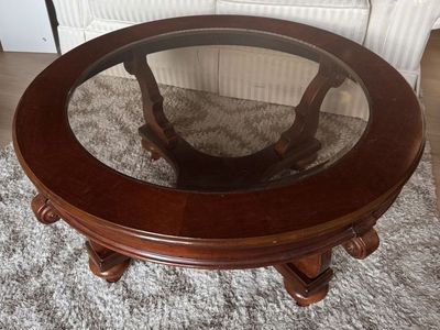 Round Wood Coffee Table with Glass Top - Ornate Carved Legs, Dark Cherry Finish