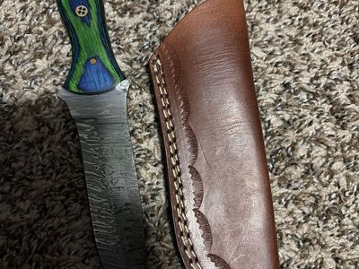 Damascus Steel Hunting Knife w/ Green & Blue Wood Handle & Leather Sheath