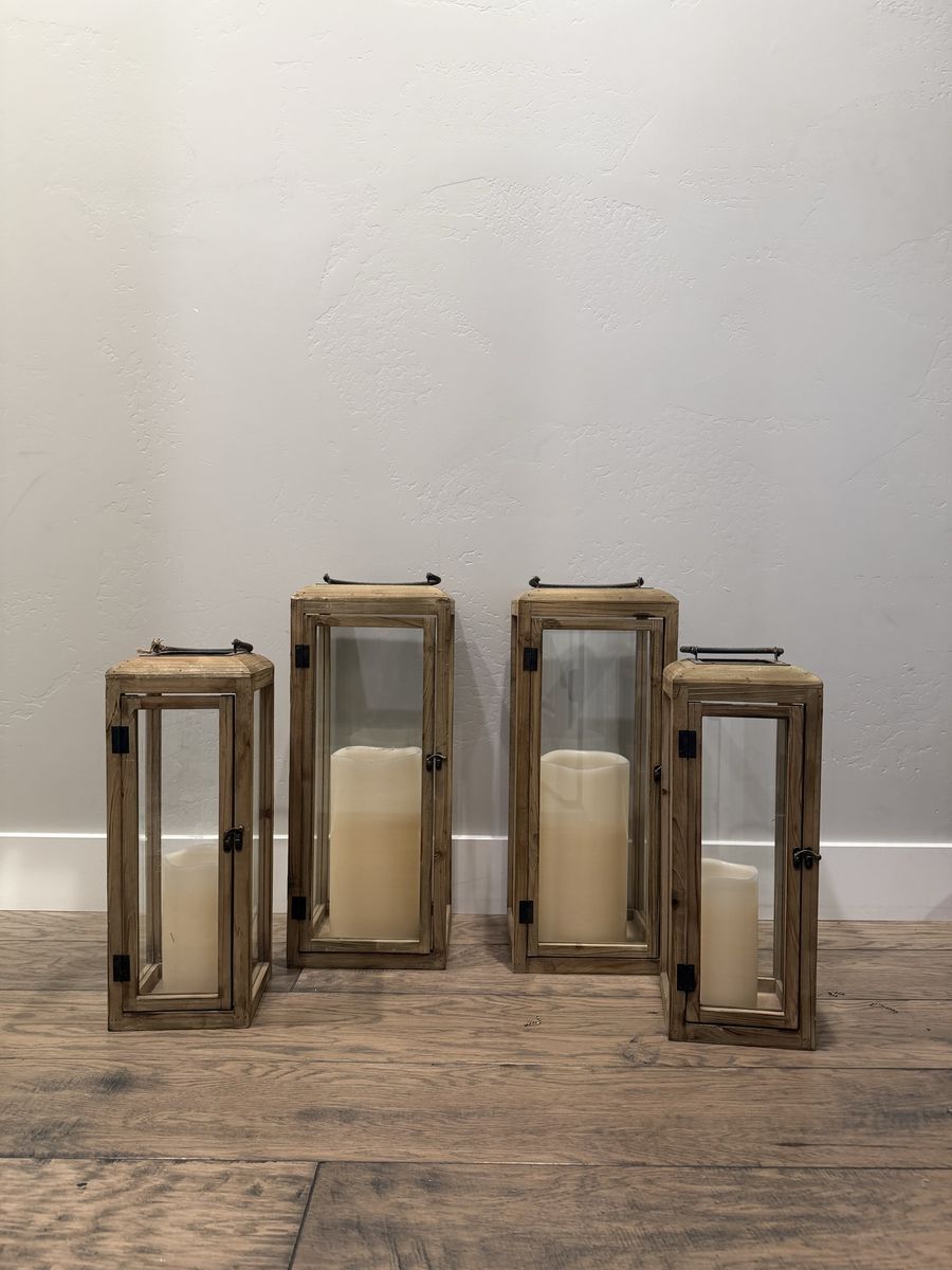 Set of 4 Wood and Glass Decorative Lanterns - Various Sizes, Rustic Farmhouse Style
