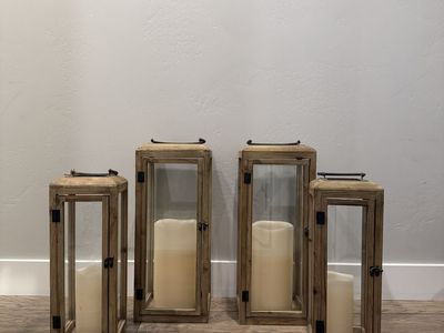 Set of 4 Wood and Glass Decorative Lanterns - Various Sizes, Rustic Farmhouse Style