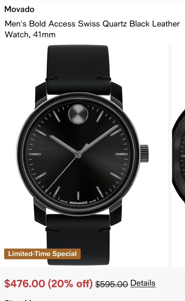 Movado Mens Black Leather Bold 41mm Watch