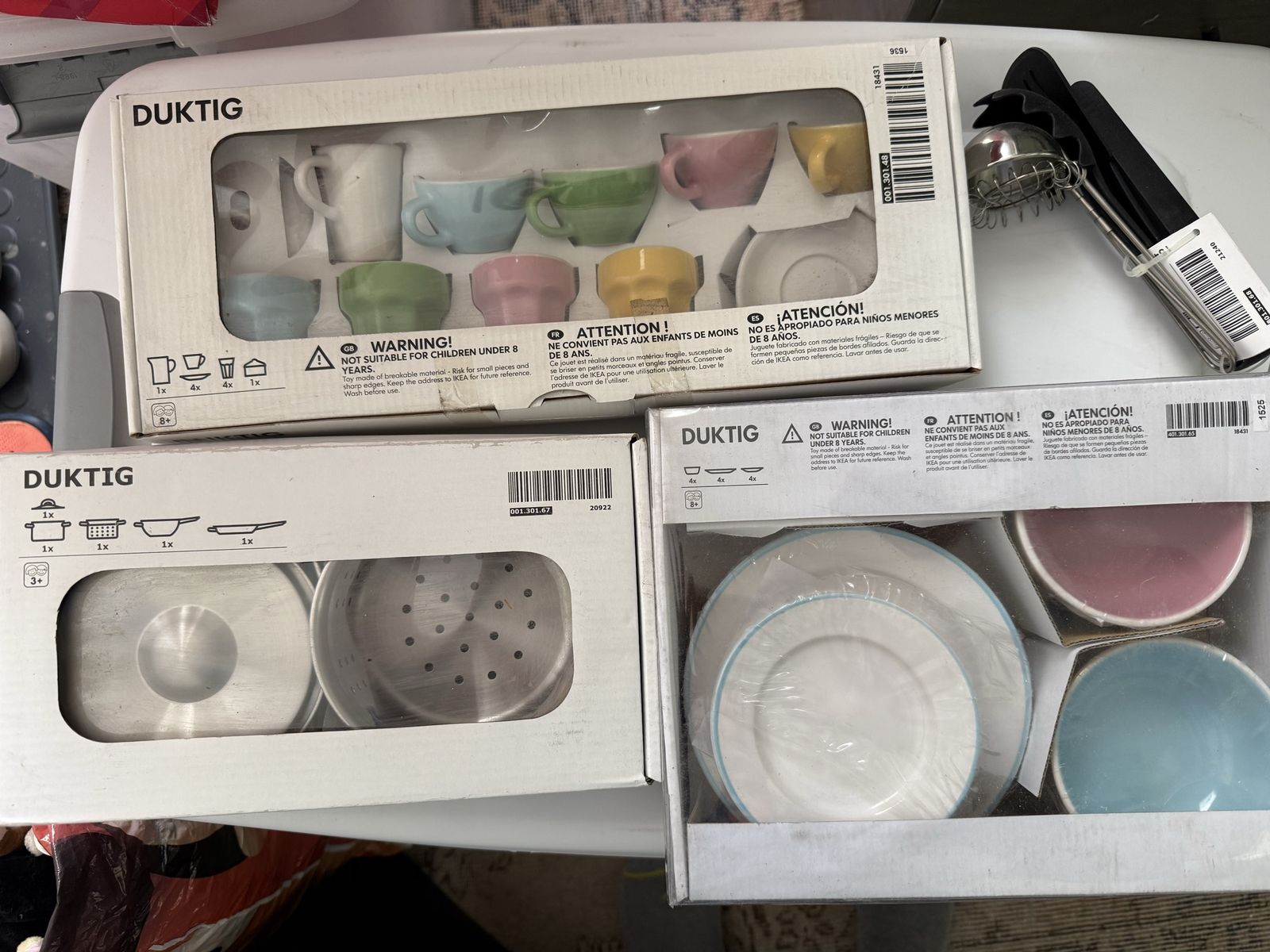 Lot of Play Kitchen Sets - Plates/Bowls, Tea Set, Stainless Steel Pots, and Cooking Utensils NIB