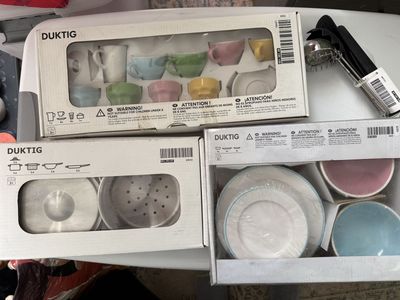 Lot of Play Kitchen Sets - Plates/Bowls, Tea Set, Stainless Steel Pots, and Cooking Utensils NIB