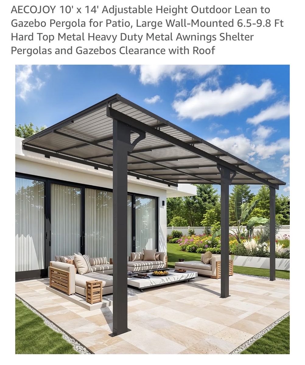 AECOJOY 10' x 14' Adjustable Height Outdoor Lean to Gazebo Pergola for Patio