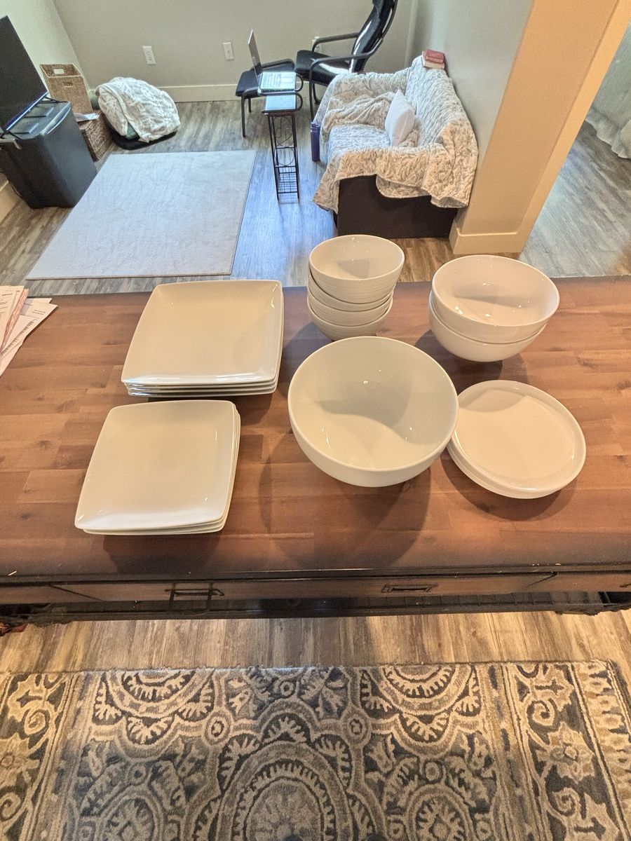 White Dinnerware Set - Square Plates, Bowls, and large serving Bowls with Round Dishes