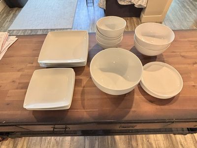 White Dinnerware Set - Square Plates, Bowls, and large serving Bowls with Round Dishes