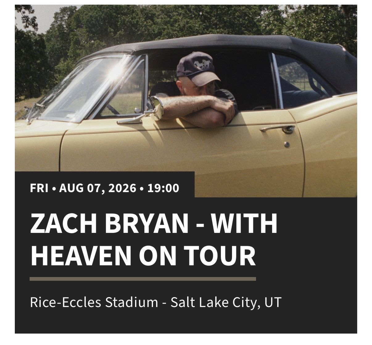 Zach Bryan: 2 or 4 tickets. The Quittin Time Tour - Salt Lake City, UT - August 7, 2026