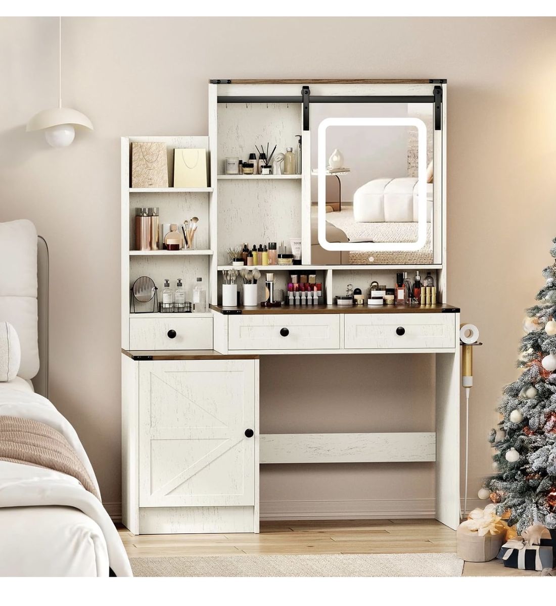 Vanity Desk with Lighted and Mirror, White Makeup Table with Drawers and Charging Station