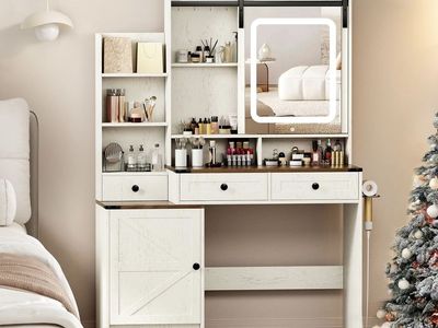 Vanity Desk with Lighted and Mirror, White Makeup Table with Drawers and Charging Station