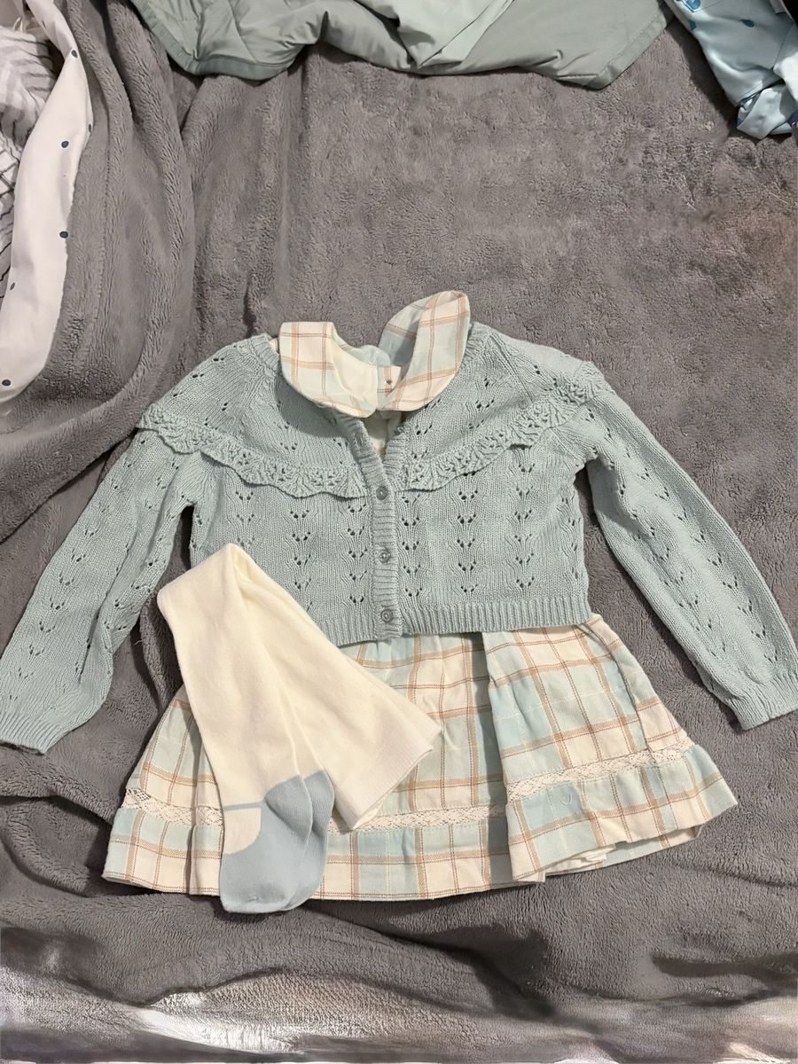 Baby Girl Plaid Dress Set with Knit Cardigan Sweater and Tights