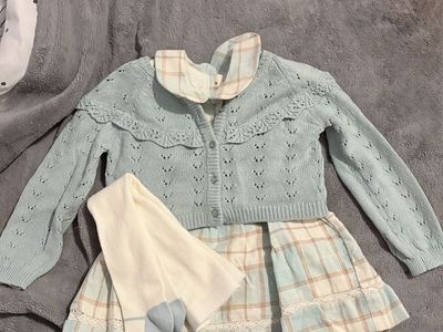 Baby Girl Plaid Dress Set with Knit Cardigan Sweater and Tights