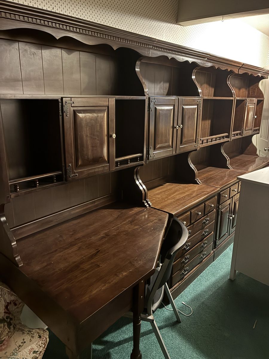 Large Antique Wooden Hutch with Desk and Storage - Dark Wood Finish
