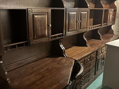 Large Antique Wooden Hutch with Desk and Storage - Dark Wood Finish