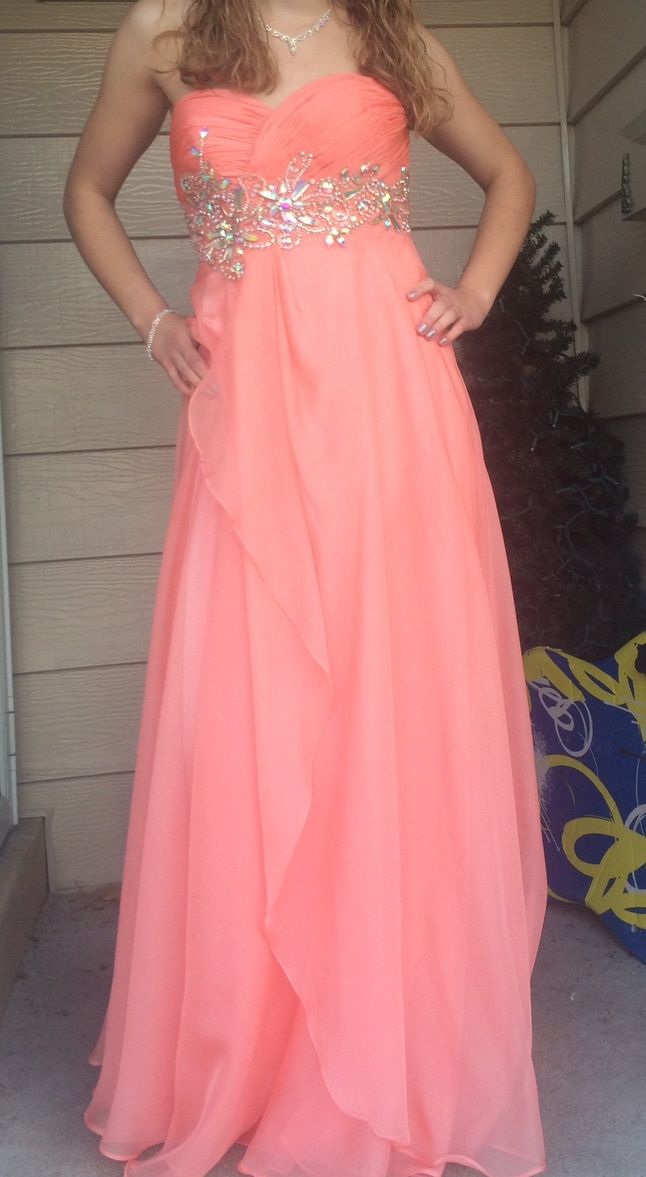 Coral Strapless Formal Prom Dress with Rhinestone Embellishments. 