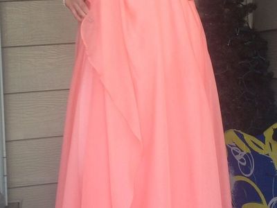 Coral Strapless Formal Prom Dress with Rhinestone Embellishments.