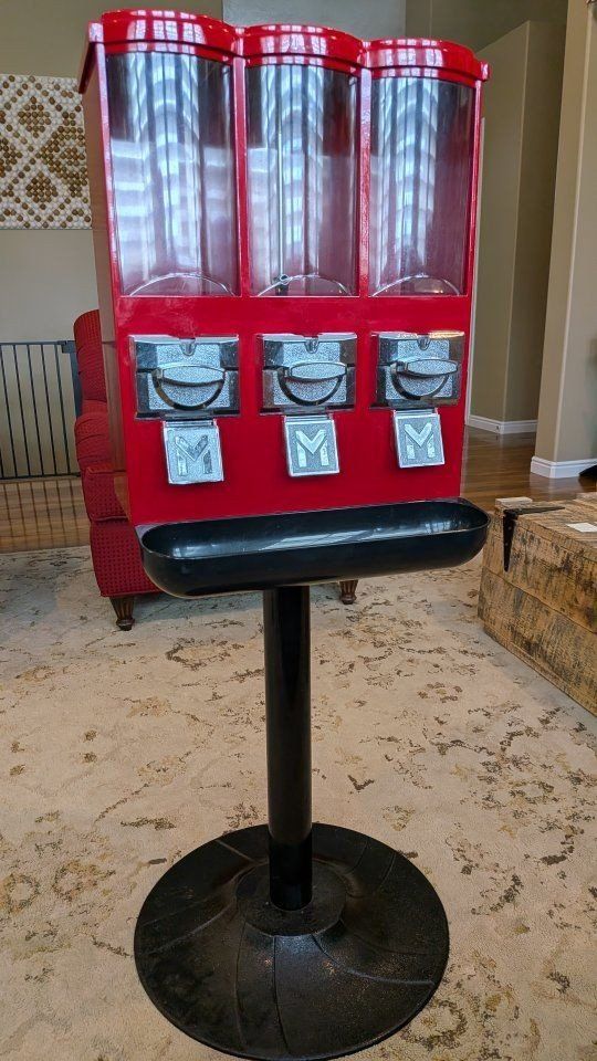 Red 3-Column Vending Machine - Bulk Candy/Gumball Dispenser with Stand