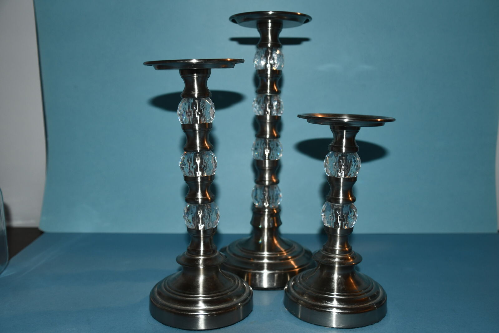 SET OF 3 METAL CANDLE HOLDERS ~ SILVER ~ 8", 10" & 12" ~ HOLDS A 3" CANDLE ~ HEAVY ~ VERY NICE!