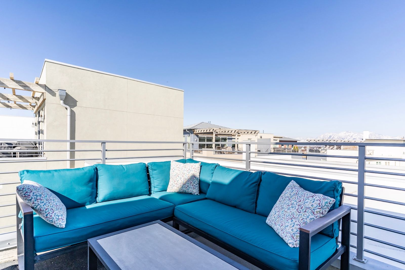 Hampton Bay Outdoor Patio Sectional Sofa Set, 2 armchairs and loveseat- Turquoise Cushions & 2 Coffee Tables, bench
