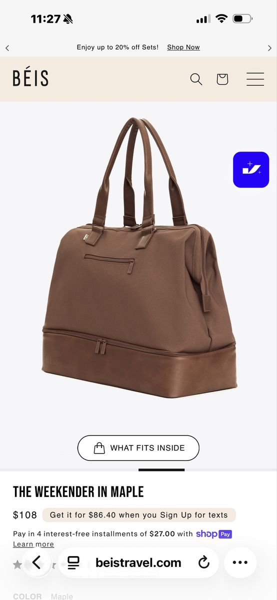 BÉIS The Weekender Bag in Maple - Travel Tote with Shoe Compartment - Brand New in Box!
