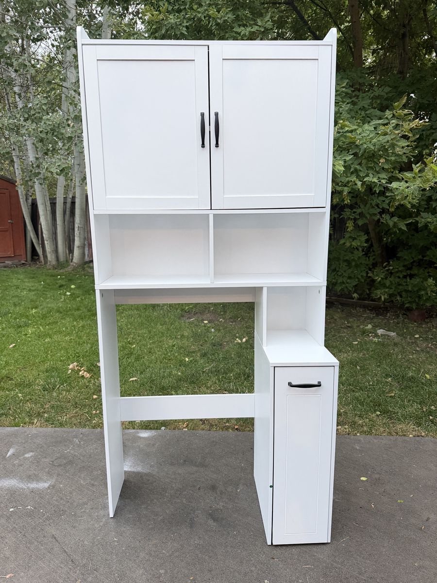 White Over-the-Toilet Storage Cabinet with Shelves and Doors