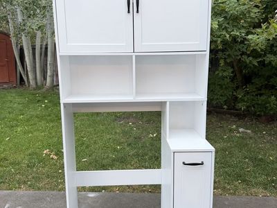 White Over-the-Toilet Storage Cabinet with Shelves and Doors