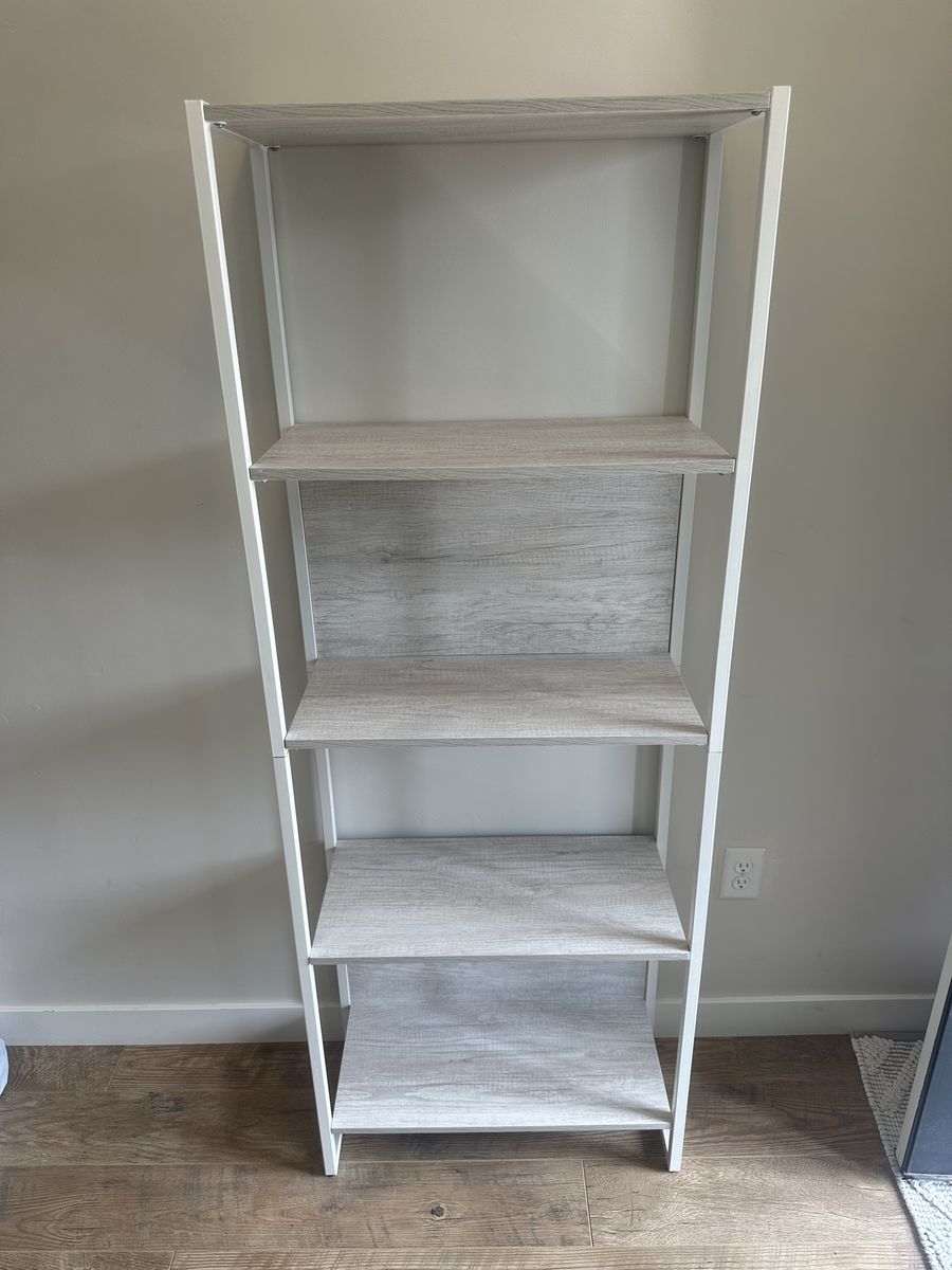 Modern 5-Tier Ladder Bookshelf - White Metal Frame with Light Gray Wood-Grain Shelves - target.com