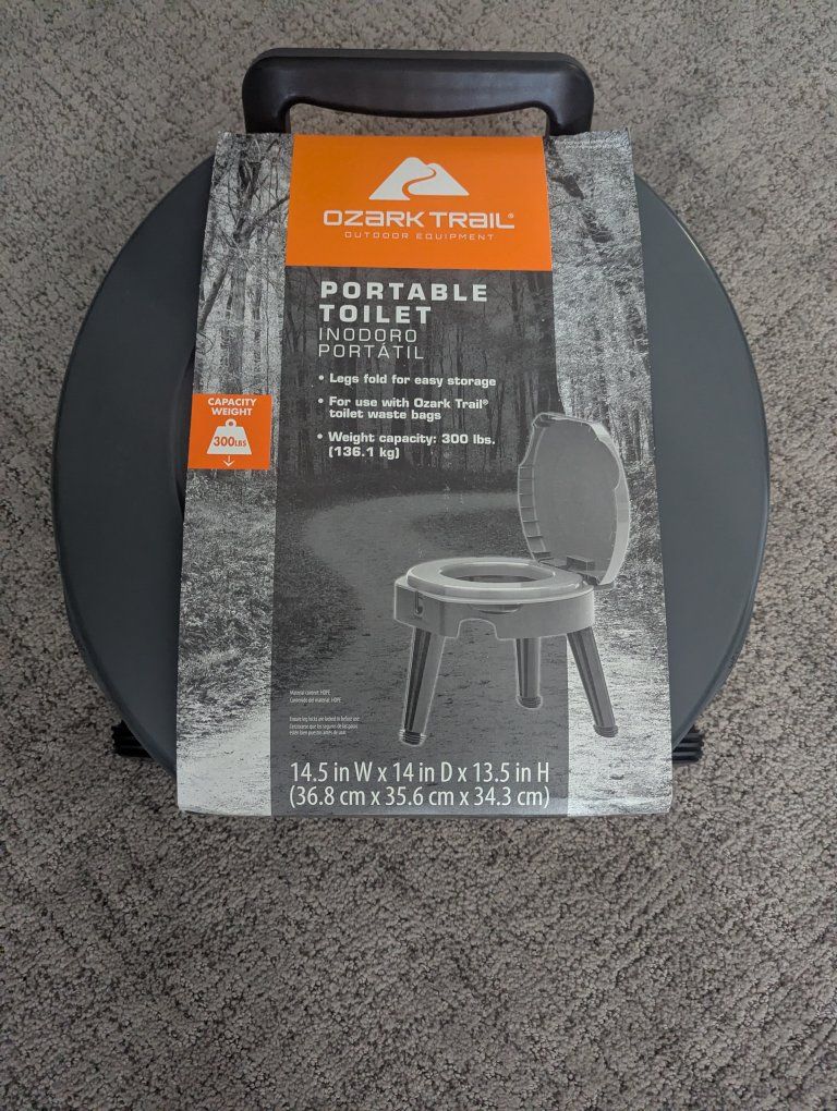 Ozark Trail Portable Toilet Folding Camp Commode with 300 lb Capacity, New in Box
