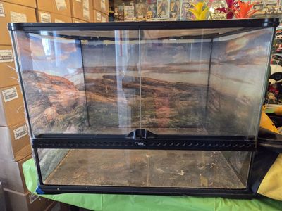 Exo-Terra Front-Opening 33 Gallon Tank. Dimensions are 24 long, 18 wide, and 18 tall.
