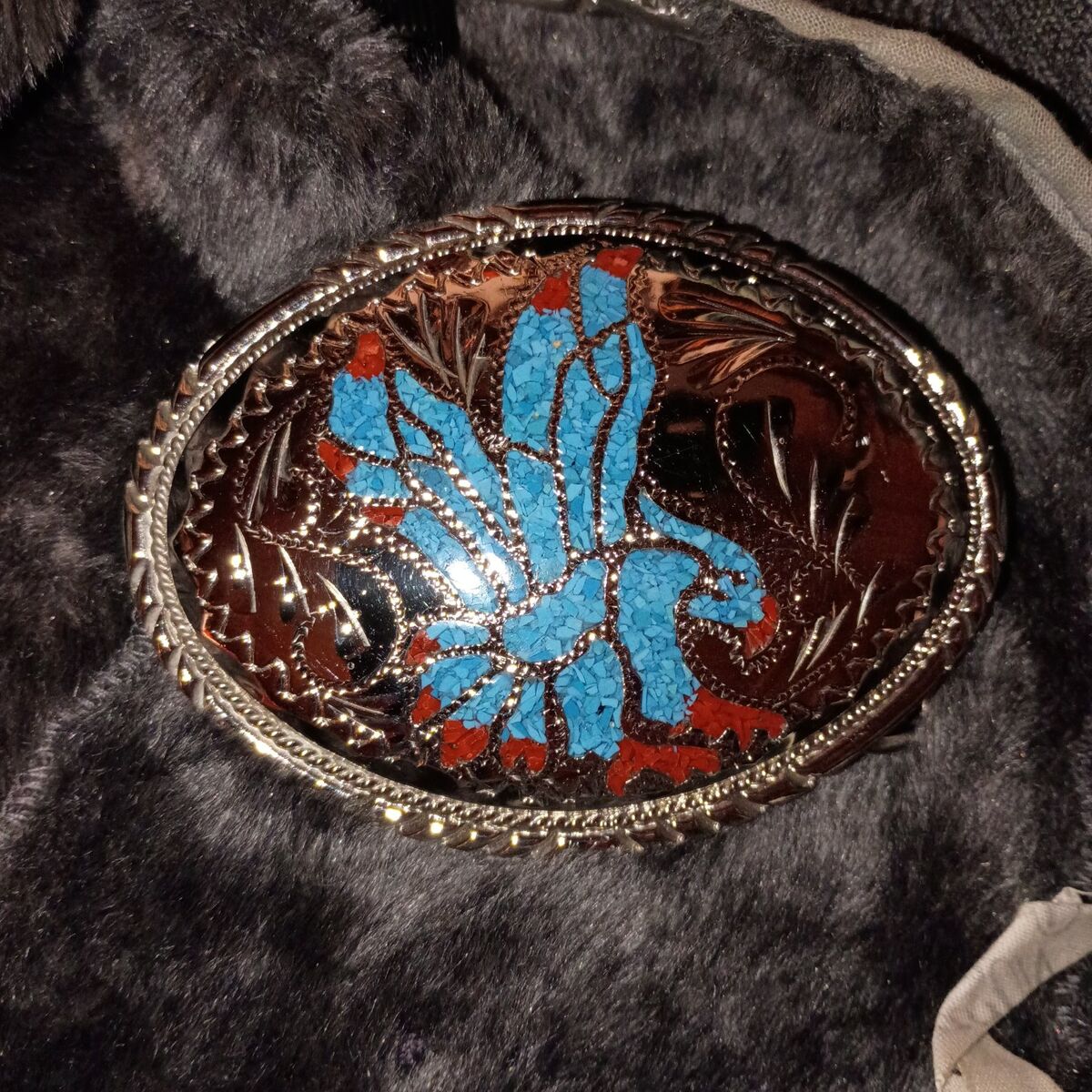 sterling buckle turquoise and coral inlay from 70s