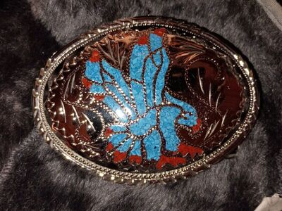 sterling buckle turquoise and coral inlay from 70s
