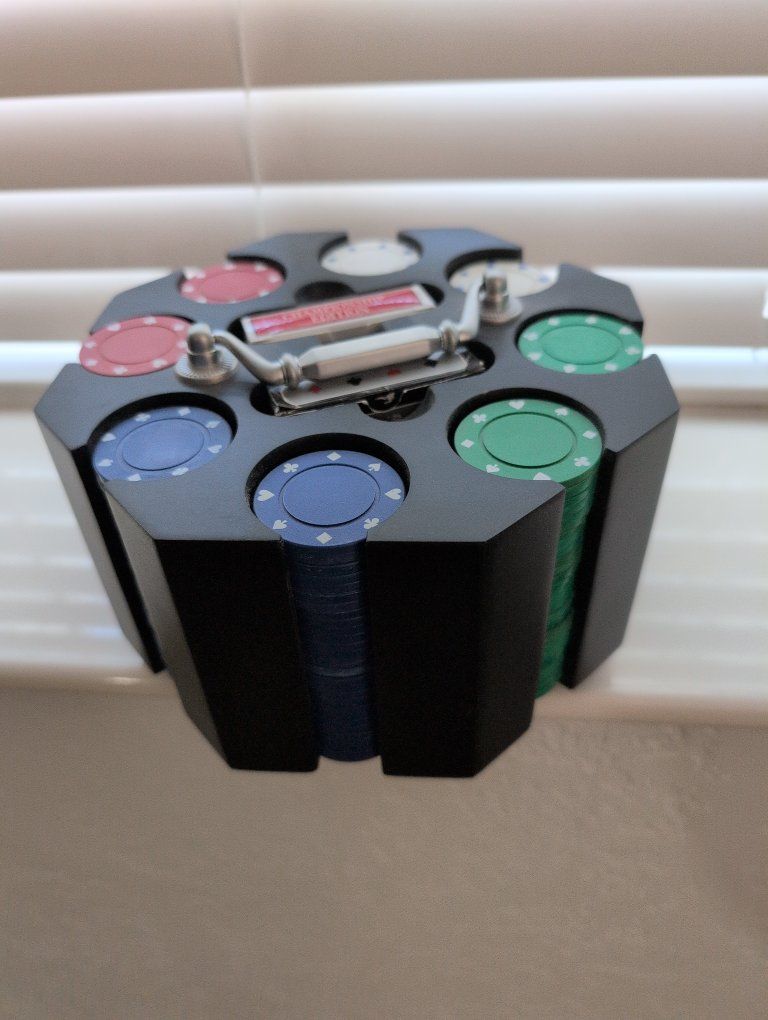 Poker Chip Set with Rotating Carousel Case - Includes Red, Blue, Green, White Chips & Playing Cards