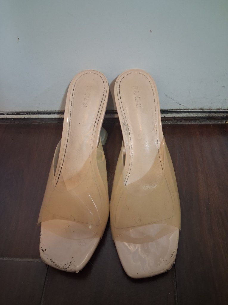 Forever 21 Women's Nude Square Toe Mules with Clear Straps - Size 10 Heel 1 inch