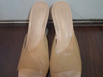 Forever 21 Women's Nude Square Toe Mules with Clear Straps - Size 10 Heel 1 inch