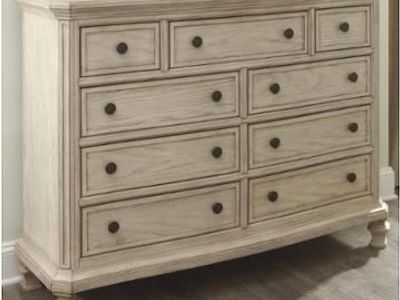 Ashley Demarlos Farmhouse Chic White Washed Rustic Wood 5pc King Bedroom Set - Dresser, 2 Nightstands , Chest, Bed Frame