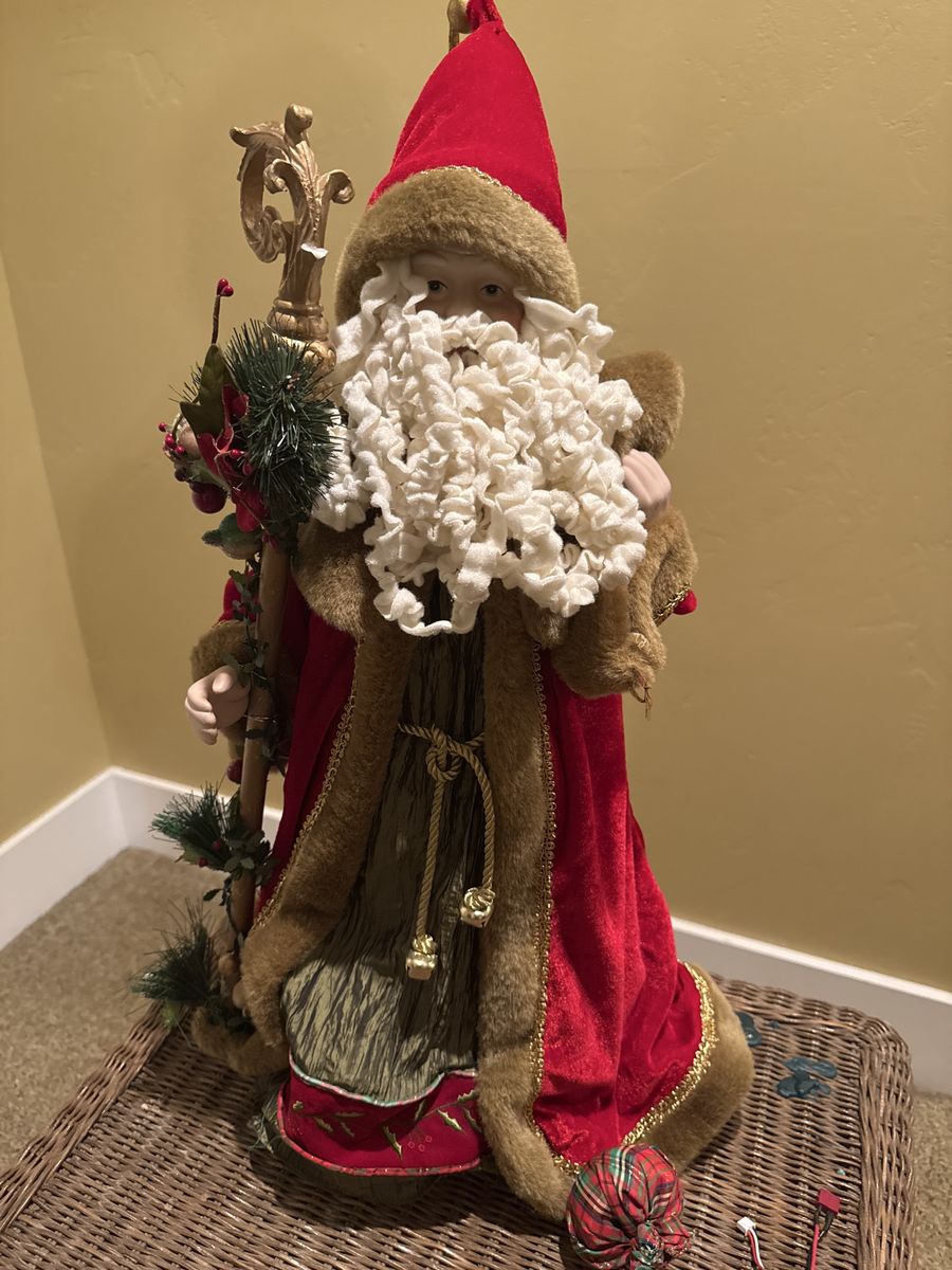 Festive Holiday Santa Claus Figurine Red & Gold Robe with Staff Christmas Decor