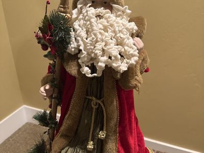 Festive Holiday Santa Claus Figurine Red & Gold Robe with Staff Christmas Decor