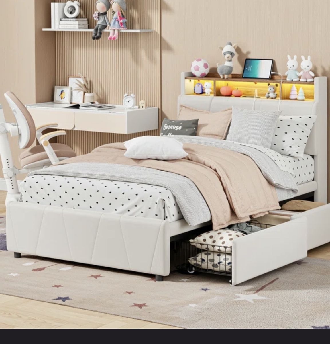 Ivy Bronx Twin Upholstered Platform Bed Frame with LED Light, Storage Drawers & Charging Station