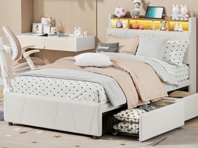 Ivy Bronx Twin Upholstered Platform Bed Frame with LED Light, Storage Drawers & Charging Station