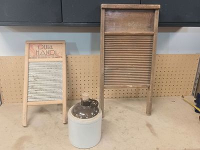 Washboards and whisky jug. $25 ea.